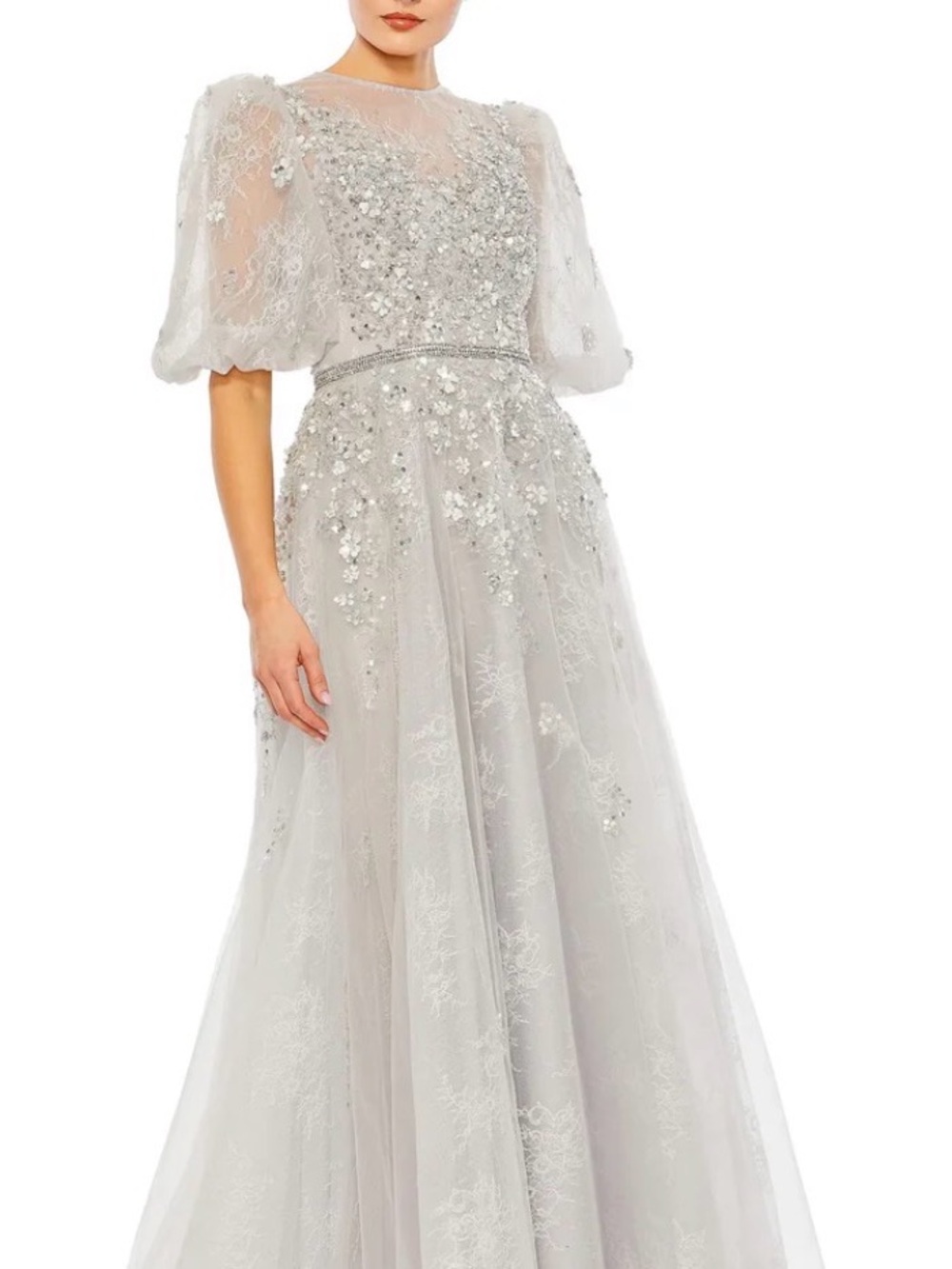 Gray Embellished Puff Sleeve A Line Gown Mac Duggal